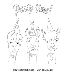 Party invitation card. Hand drawing vector Doodle illustration, isolated. Close-up of three llama heads with holiday caps with with inscription Party Time!.