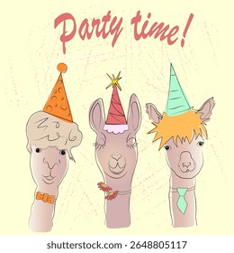 Party invitation card. Hand drawing colored vector Doodle illustration. Close-up of three llama heads with holiday caps with with inscription Party Time!.