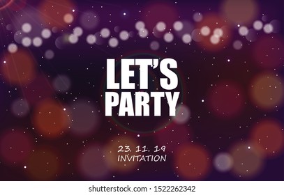 Party invitation card with magic background. Bokeh colorful lights and sparkles. Vector