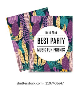 Party invitation card with memphis abstract seamless pattern with a background of graphic tropical leaves. Vector illustration.