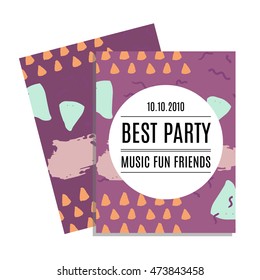 Party invitation card with memphis abstract seamless pattern background in retro vintage 80s or 90s style. Vector illustration.