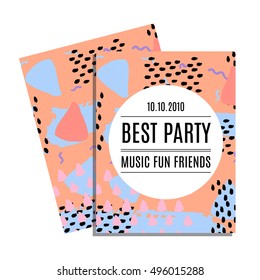 Party invitation card with memphis abstract seamless pattern background in retro vintage 80s or 90s style. Vector illustration.