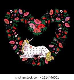 Party invitation card template with a beautiful unicorn and floral heart on the black background. Sweet lying unicorn with floral heart frame made of red poppies and tulips. Vector illustration