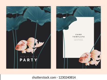 Party invitation card template design, goldfish with lotus leaves on dark grey background, pastel vintage style