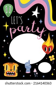 Party Invitation Card Template with funny comic cute characters and doodles: tiger, alien, cartoon style. Trendy modern vector illustration, hand drawn, flat design.