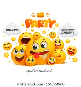 Party invitation card template with group of emoji characters. Vector illustration