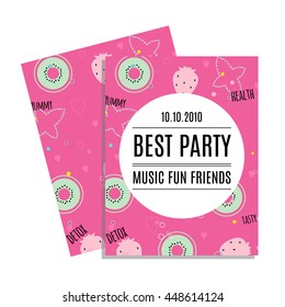 Party invitation card with vector summer pattern with kiwi, strawberry, hearts in flat design style. Vector illustration.