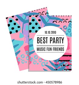 Party invitation card with vector summer pattern with palm leaves in memphis retro design style with ink texture. Vector illustration.