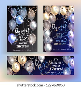 Party invitation cards with air balloons and serpentine. Vector illustration