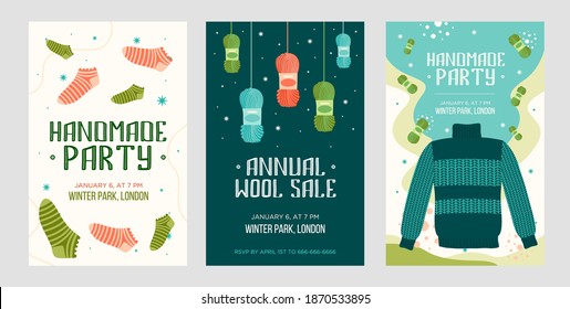 Party invitation cards set with knitted handmade clothes. Warm socks, yarn, sweater vector illustrations with text, time, date and address. Craft and knitting concept for flyers and brochures design
