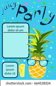 Party invitation with cool pineapple in sunglasses with juice on blue background in vector