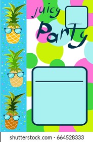 Party invitation with cool pineapple in sunglasses with juice on blue background in vector