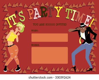 Party invitation with copy spaces for date and address and a cartoon couple dancing, EPS 8 vector illustration