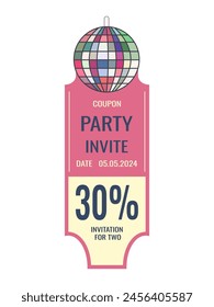 A party invitation coupon where you can customize every detail to match the theme of your event. The disco ball creates a dancing mood. The discounted price attracts people to attend the party. Isolat