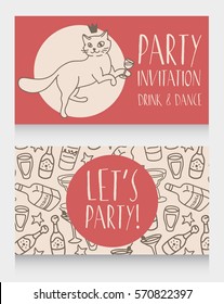 Party invitation with cute doodle cat drinking alcohol, can be used as birthday party invitation or cards for bachelorette party, retro palette, vector illustration