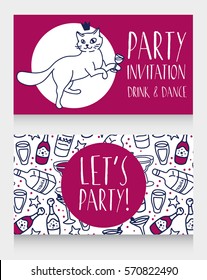 Party invitation with cute doodle cat drinking alcohol, can be used as birthday party invitation or cards for bachelorette party, vector illustration