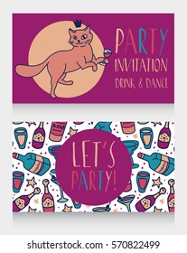 Party invitation with cute doodle cat drinking alcohol, can be used as birthday party invitation or cards for bachelorette party, vector illustration