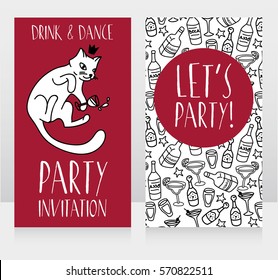 Party invitation with cute doodle cat drinking alcohol, can be used as birthday party invitation or cards for bachelorette party, vector illustration