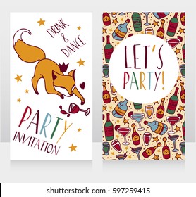 Party invitation with cute doodle fox drinking wine, can be used as birthday party invitation, vector illustration