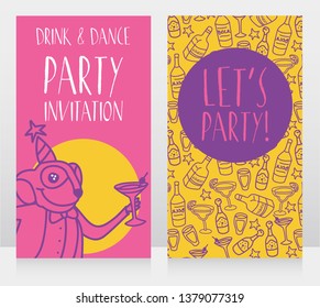 Party invitation with cute doodle monkey drinking cocktail, can be used as birthday party invitation, trendy palette, vector illustration