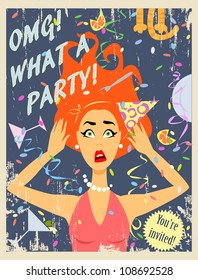 Party invitation design with crazy red hair girl  (Grunge effect and text are removable)