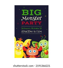 Party invitation design with funny beasts and mascots. Bright colorful invitation for children. Celebration and Halloween party concept. Template for leaflet, banner or flyer