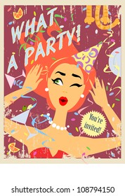 Party invitation design with pretty red hair girl  (Grunge effect and text are removable)
