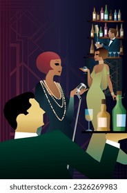 Party invitation design in retro art deco style. Party with a singer and a bartender in a club