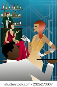 Party invitation design in retro art deco style. Party with a singer and a bartender in a club