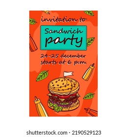 Party Invitation Design. Trendy Sandwich Festival Invitations With Yummy Food. Unhealthy Meal And Nutrition Concept. Template For Leaflet, Banner Or Flyer