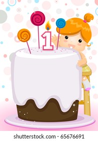 Invitación a fiesta con una niña con su pastel de cumpleaños