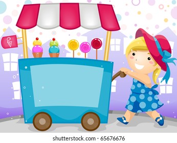 Party Invitation Featuring a Kid Pushing a Cart Carrying Candies and Ice Cream