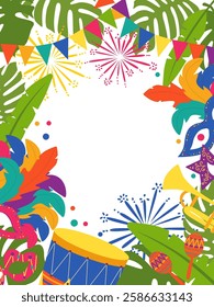 Party Invitation, Festival. Colorful Banner with Drum, Trumpet, Maracas and Feather Masks on White Background. Vector Flat Style Illustration