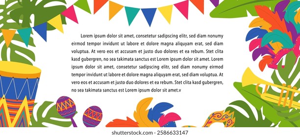 Party Invitation, Festival. Horizontal Banner Template with Guitar, Trumpet, Drum, Maracas and Feather Masks on White Background. Vector Flat Style Illustration