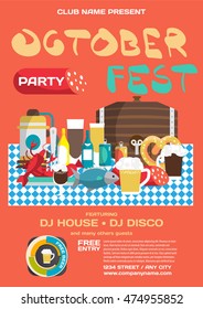 Party invitation flyer. Still life of food and beverages on the rating tablecloths Oktoberfest. Beer mugs, bottles, barrel, sausages, ham, snack. Vector flat cartoon illustration 