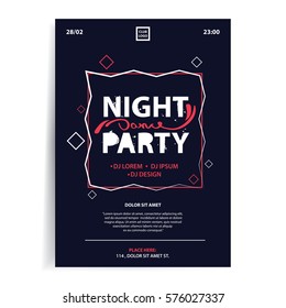 Party invitation flyer template. Dark background with geometric frame. Applicable to banner, placard, advertising, event design.