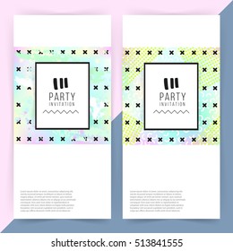 Party invitation. Holographic background. Simple shapes. Memphis style. Two variations. Rectangle. Hipster style. Flat design