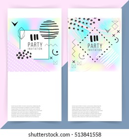 Party invitation. Holographic background. Simple shapes. Memphis style. Two variations. Rectangle. Hipster style. Flat design