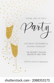 Party invitation. Illustration with glasses of champagne in hand and confetti. Modern vector template