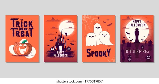 Party invitation leaflet. Happy Halloween flyers with pumpkins, cemetery, haunted house, bats, spiderweb, spiders and vampire under the moon for october 31 night. Vector isolated horror posters. 