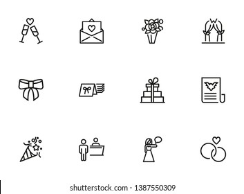 Party invitation line icon set. Hostess, card in envelope, clinking flutes. Holiday concept. Can be used for topics like festive event, wedding, celebration