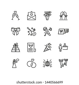 Party invitation line icon set. Card, fire cracker, flower bouquet, girts. Holiday concept. Can be used for topics like celebration, wedding, engagement