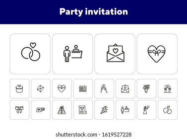 Party invitation line icon set. Hostess, card in envelope, clinking flutes. Holiday concept. Can be used for topics like festive event, wedding, celebration