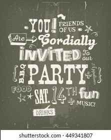 Party Invitation Poster On Chalkboard Background/
Illustration of a fun party invitation poster, with crafted hand lettering text, on a blackboard background for bbq, holidays and friends events