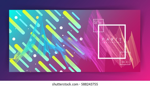 Party invitation or poster template. gradient background. Intertwined colorful lines. Flat design. Geometric elements. Abstract illustration. Rectangle. Minimalism. Glow.