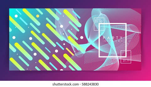Party invitation or poster template. gradient background. Intertwined colorful lines. Flat design. Geometric elements. Abstract illustration. Rectangle. Minimalism. Glow.