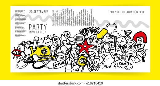 Party invitation or poster template. gradient background. Hipster style. Cartoons. Doodle. Music party. Stylized forms. Party invitation.Party invitation. Hipster style. 