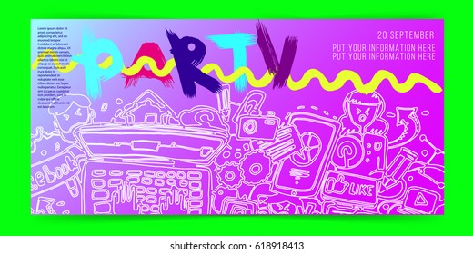 Party invitation or poster template. gradient background. Hipster style. Cartoons. Doodle. Music party. Stylized forms