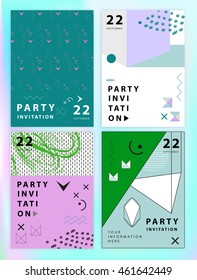 Party invitation or poster template. Memphis. Hipster style. Abstract geometry. Memphis