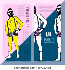 Party invitation or poster template. Two variations.  Flat design. Doodle hand drawn elements. Abstract illustration. Rectangle. Male brutal silhouette. Minimalism